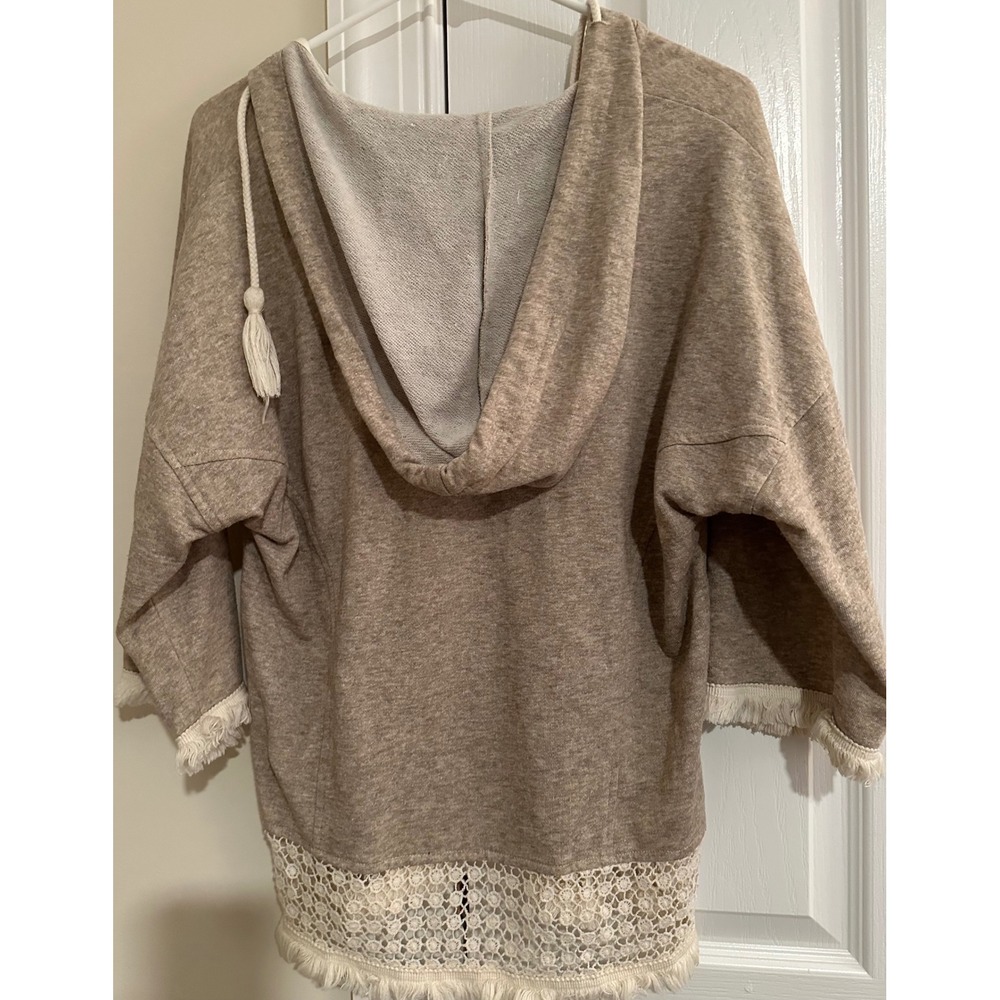Ellison Womens Boho Crochet Lace Fringe Hoodie Sweatshirt Tan Oatmeal Small